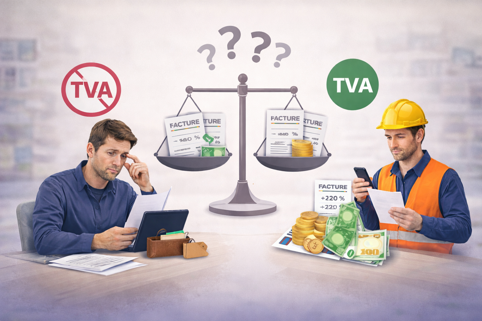 Illustration comparant l’exonération de TVA et l’assujettissement à la TVA pour un indépendant ou une TPE