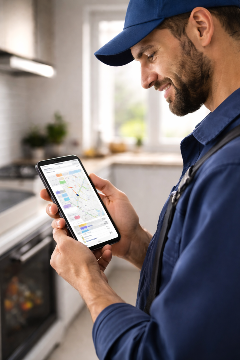 Professionnel terrain utilisant un logiciel de gestion des interventions sur smartphone pour organiser ses tournées et gérer ses clients.