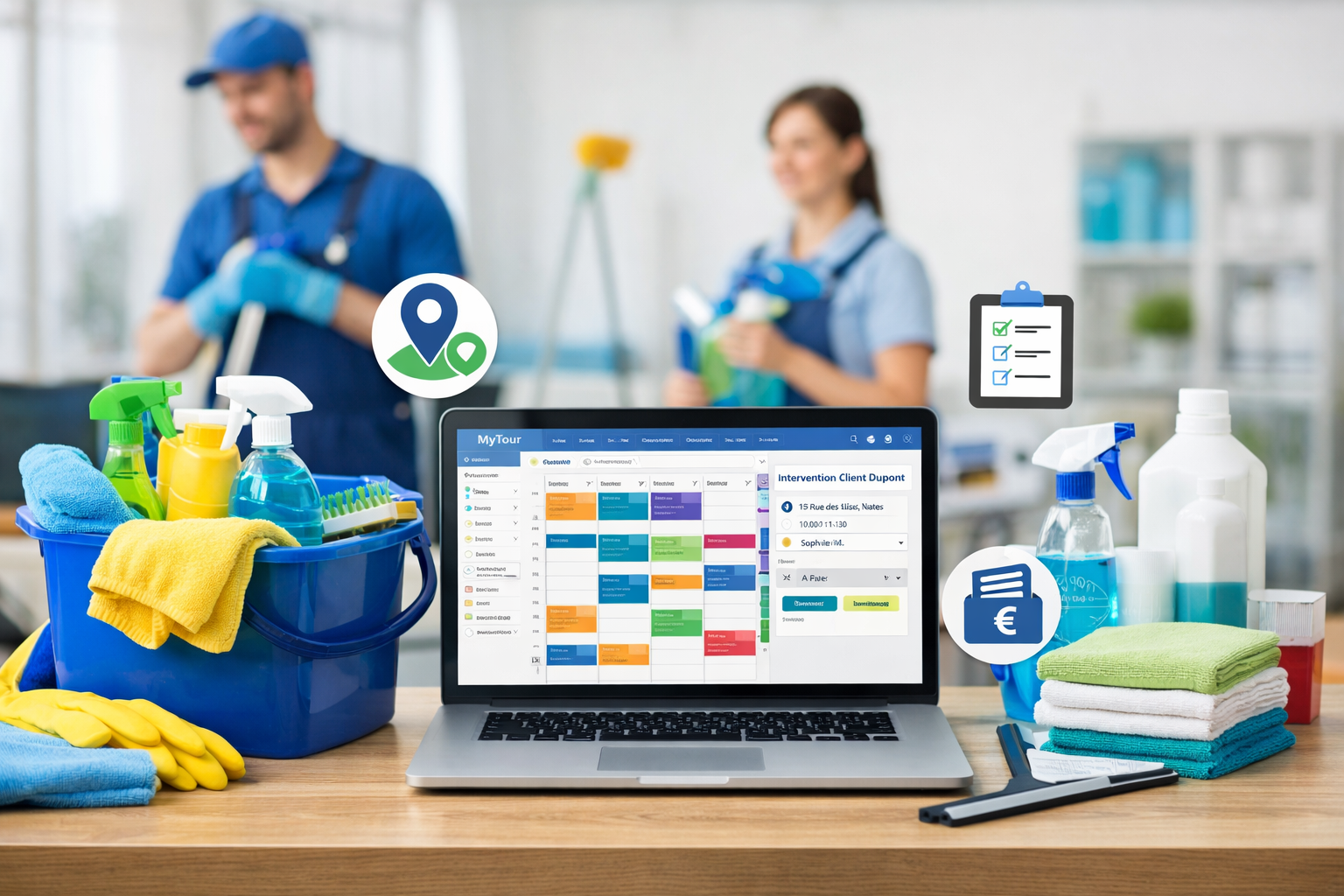 Logiciel de gestion des interventions pour société de nettoyage MyTour avec planning des interventions, gestion des équipes et facturation