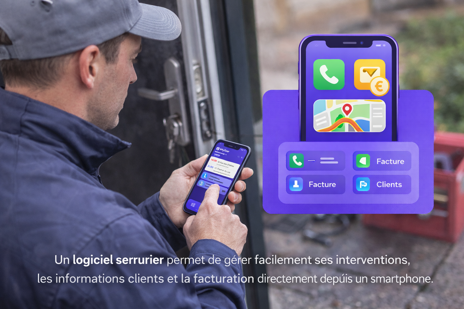 Serrurier utilisant un logiciel serrurier sur smartphone pour gérer ses interventions, ses clients et sa facturation