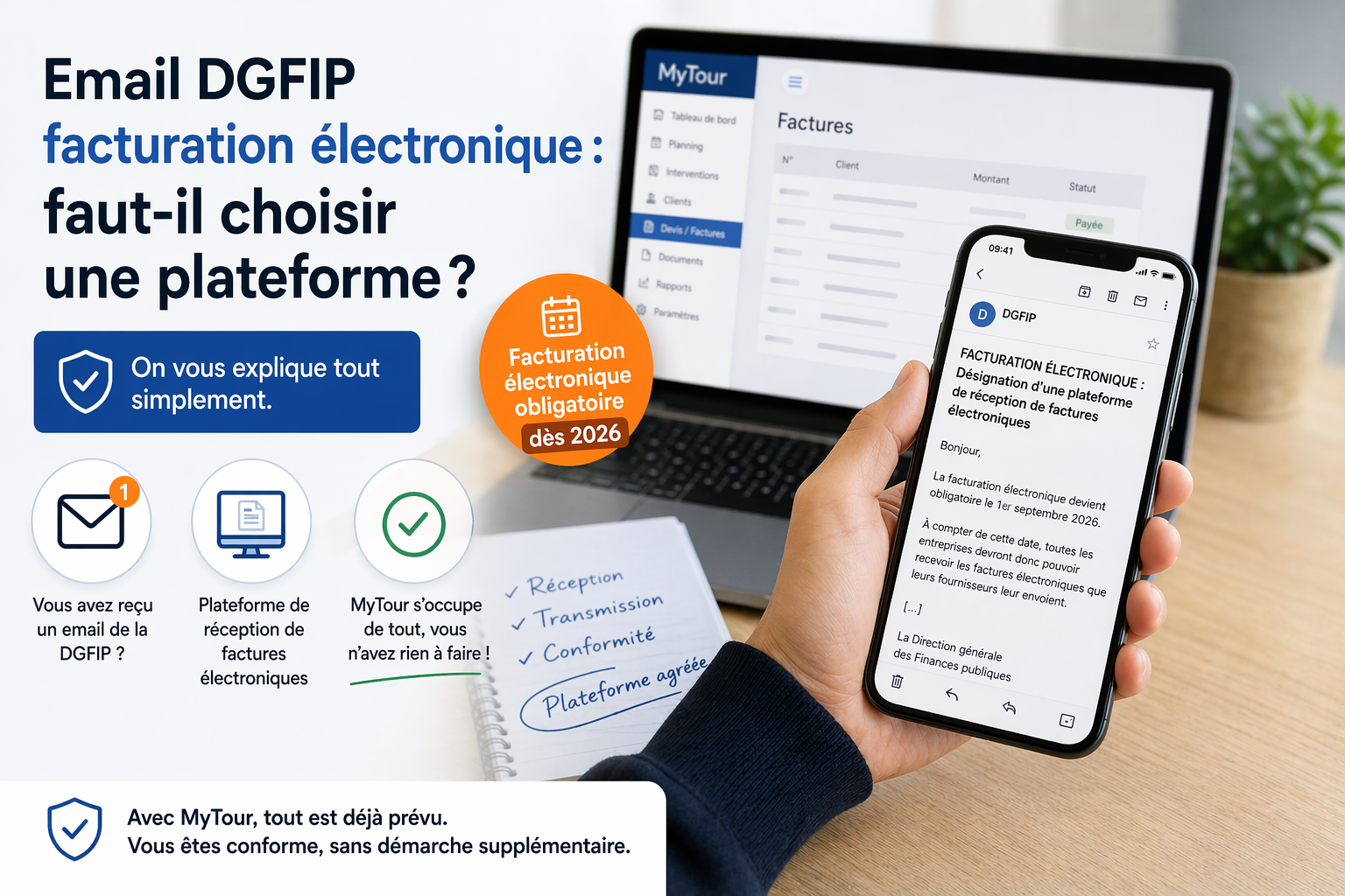 Email DGFIP facturation électronique affiché sur smartphone avec un logiciel de gestion permettant de recevoir et gérer les factures électroniques.