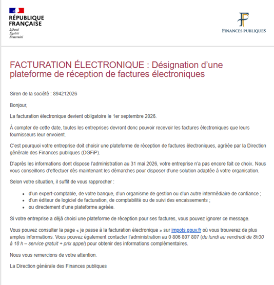 Email de la DGFiP demandant la désignation d'une plateforme de réception de factures électroniques avant l'entrée en vigueur de la facturation électronique.