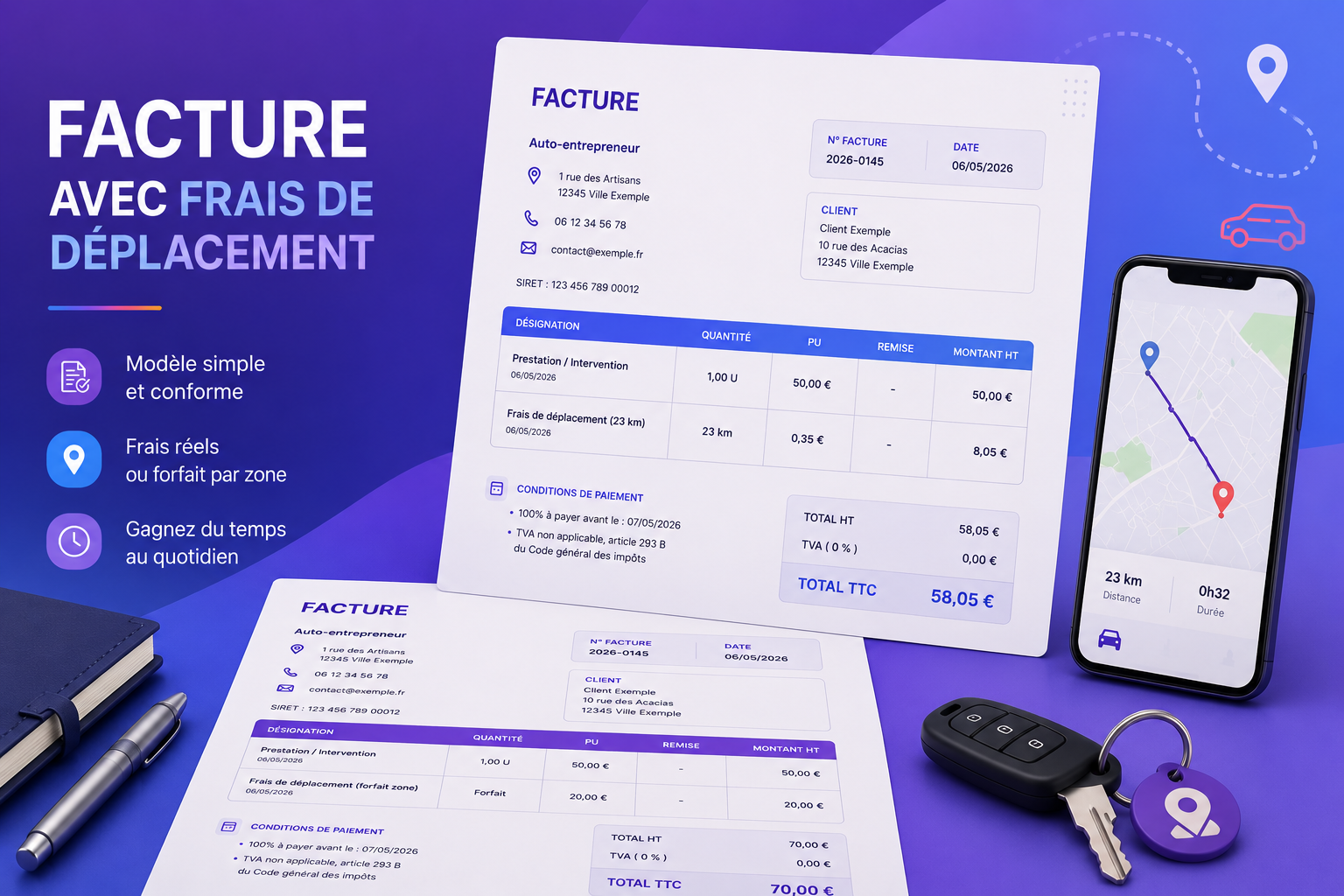 Illustration représentant une facture avec frais de déplacement