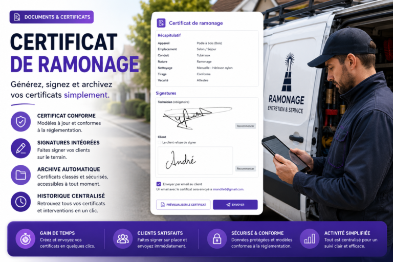 Certificat de ramonage généré sur smartphone avec signature client et technicien