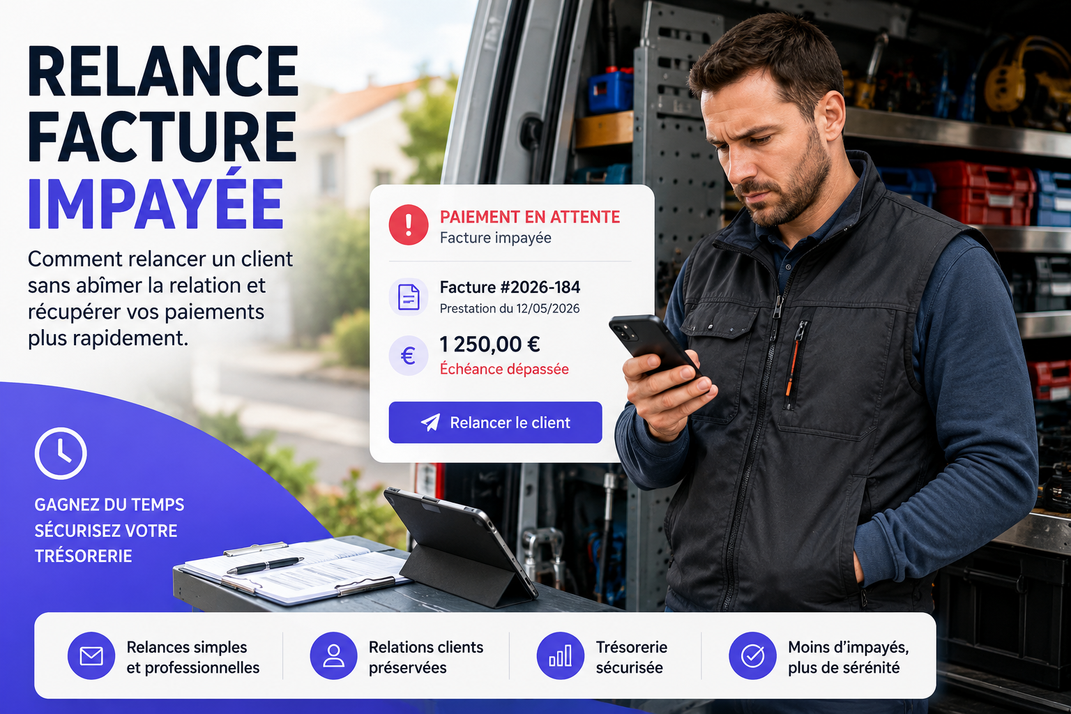 Relance facture impayée pour un professionnel en déplacement chez ses clients