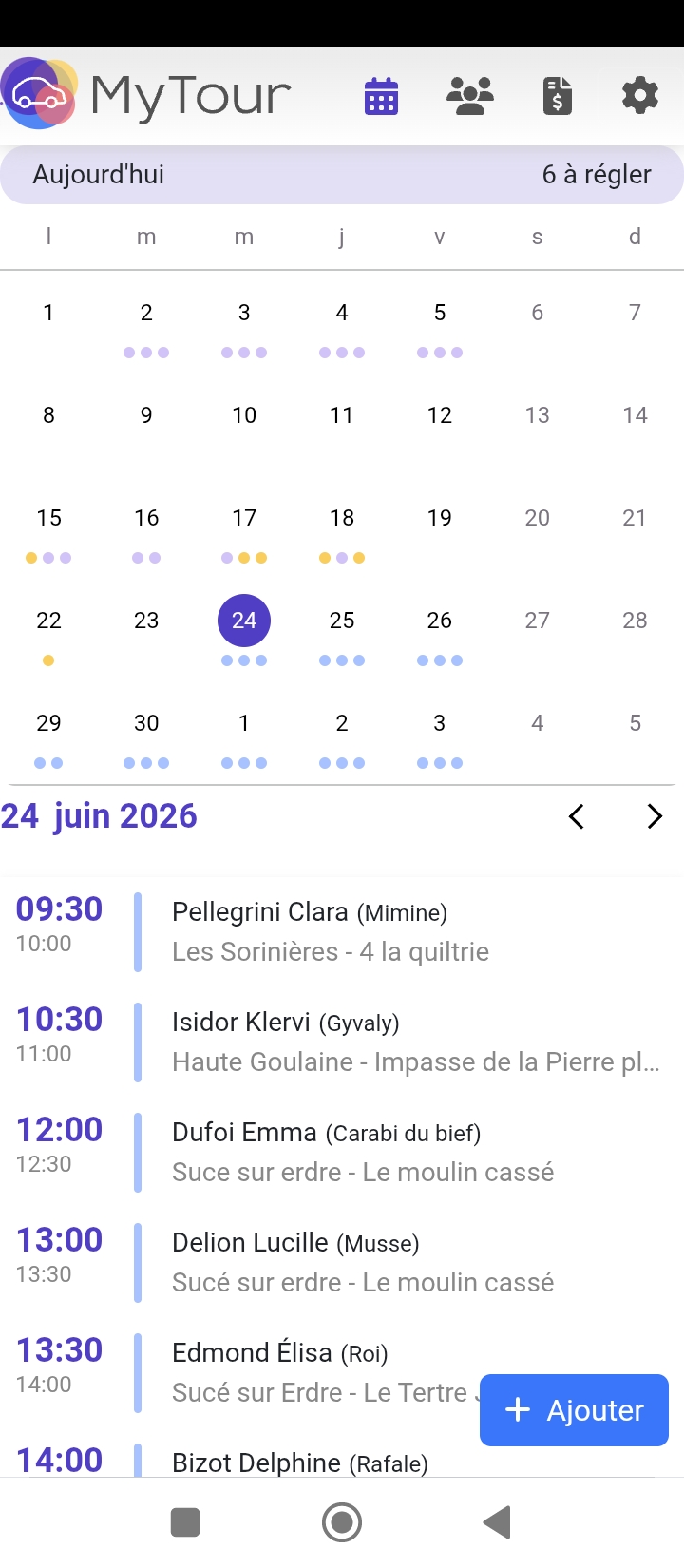Vue de l’agenda professionnel MyTour avec les rendez-vous d’intervention