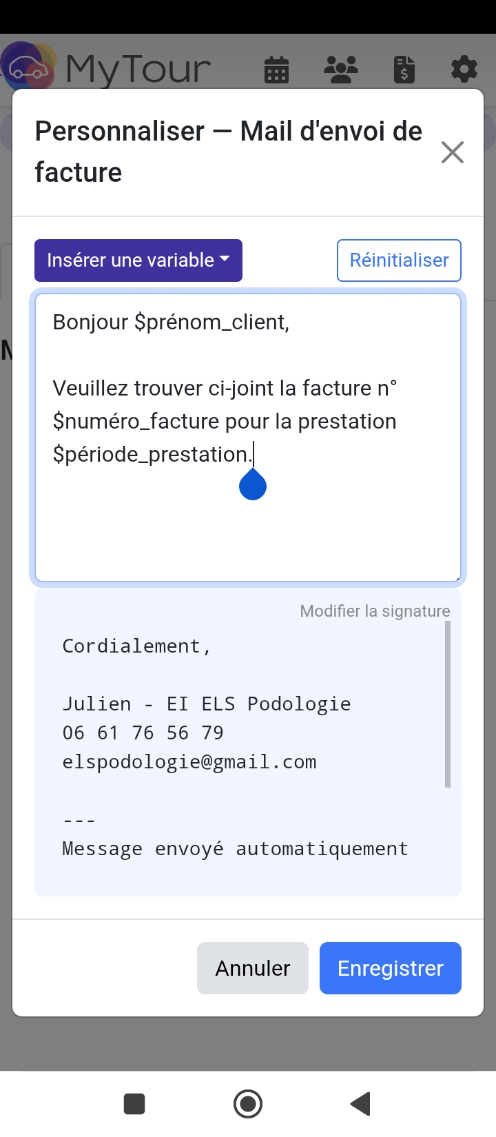 Personnalisation d’un email de facture dans MyTour avec insertion de variables client et signature personnalisée