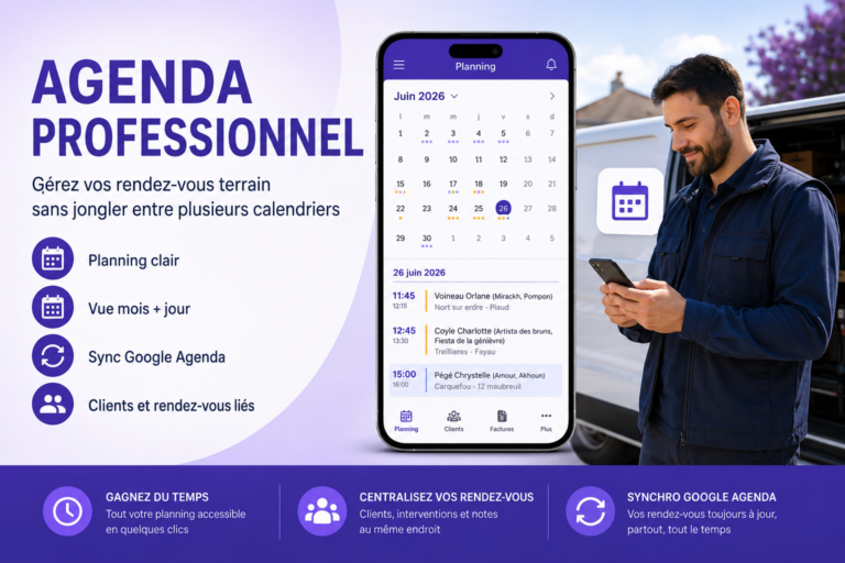 Agenda professionnel MyTour pour gérer les rendez-vous terrain, les clients et la synchronisation Google Agenda