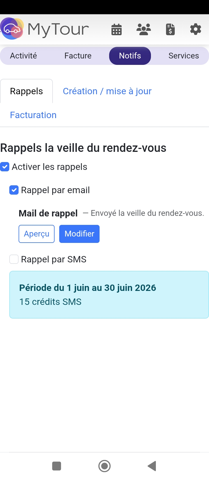 Configuration des rappels de rendez-vous dans MyTour avec rappel par email et option de rappel par SMS la veille du rendez-vous.