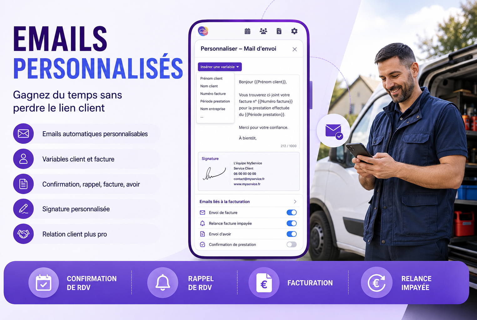 Emails personnalisés dans MyTour avec variables client, facture, confirmation de rendez-vous, rappel, relance impayée et signature personnalisée pour professionnel terrain.