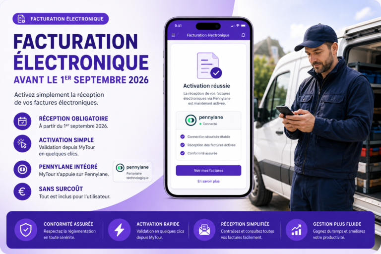 Illustration MyTour sur la facturation électronique septembre 2026, avec connexion à une plateforme agréée via Pennylane.