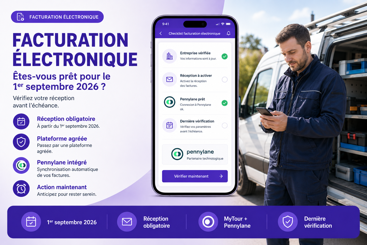 Checklist de facturation électronique 1er septembre 2026 avec réception à activer, Pennylane prêt et dernière vérification dans MyTour.