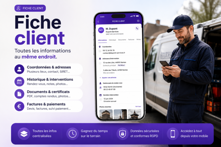 Fiche client numérique avec coordonnées, historique des interventions, notes, photos, documents PDF et factures pour professionnel terrain.