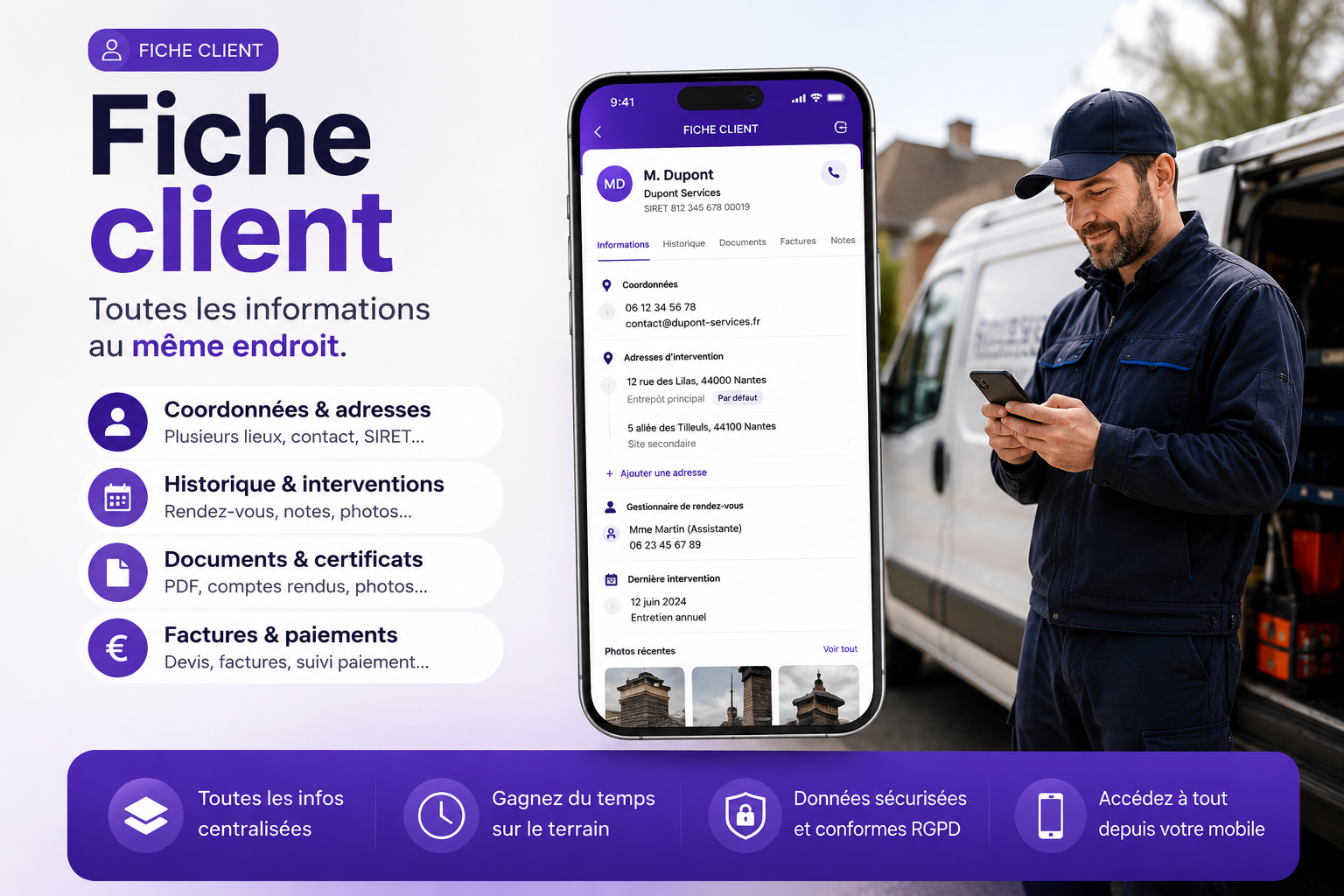 Fiche client numérique avec coordonnées, historique des interventions, notes, photos, documents PDF et factures pour professionnel terrain.