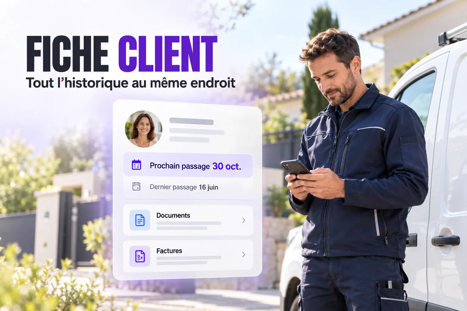 Professionnel consultant une fiche client numérique avec prochain rendez-vous, historique, documents et factures