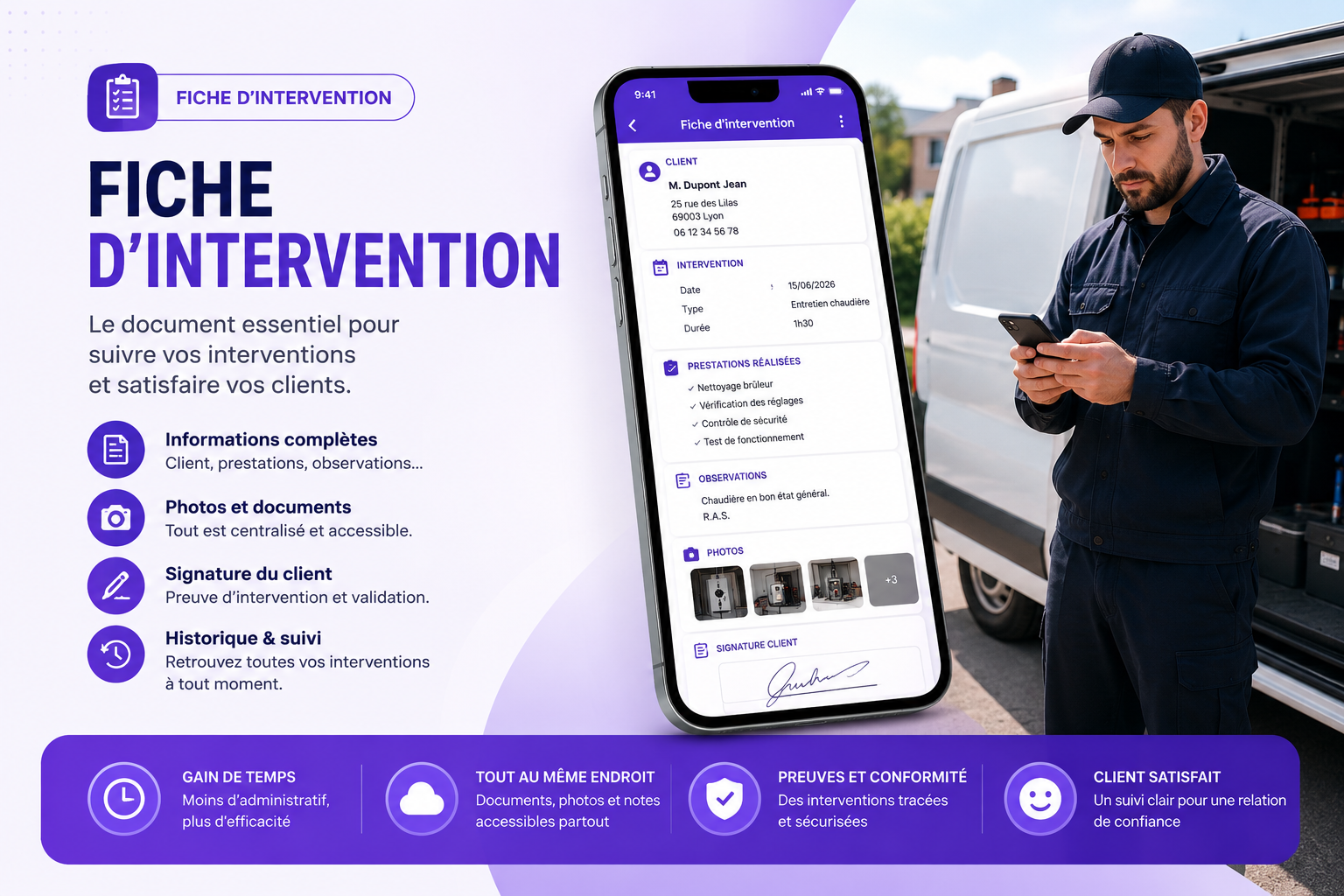 Fiche d'intervention numérique avec informations client, prestations réalisées, photos, signature et suivi des interventions terrain.