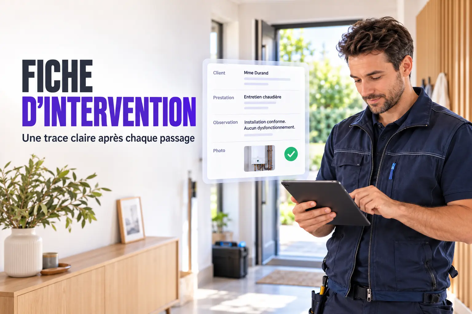 Professionnel complétant une fiche d’intervention numérique sur une tablette après un passage chez un client