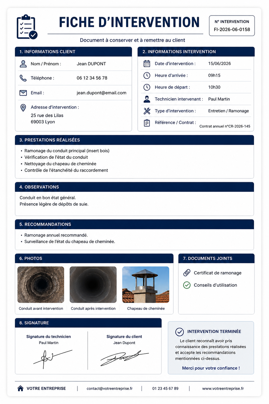 Exemple de fiche d'intervention avec informations client, prestations réalisées, observations et signature