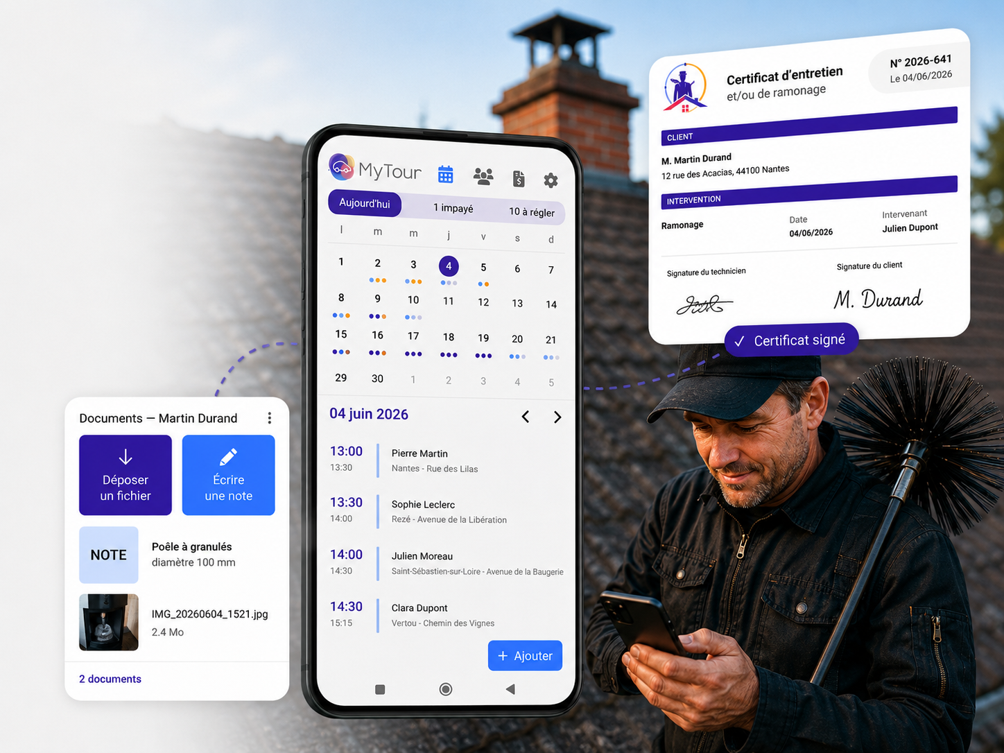 Logiciel ramoneur MyTour permettant de gérer les interventions, certificats de ramonage, documents clients et suivi d'activité depuis le terrain.