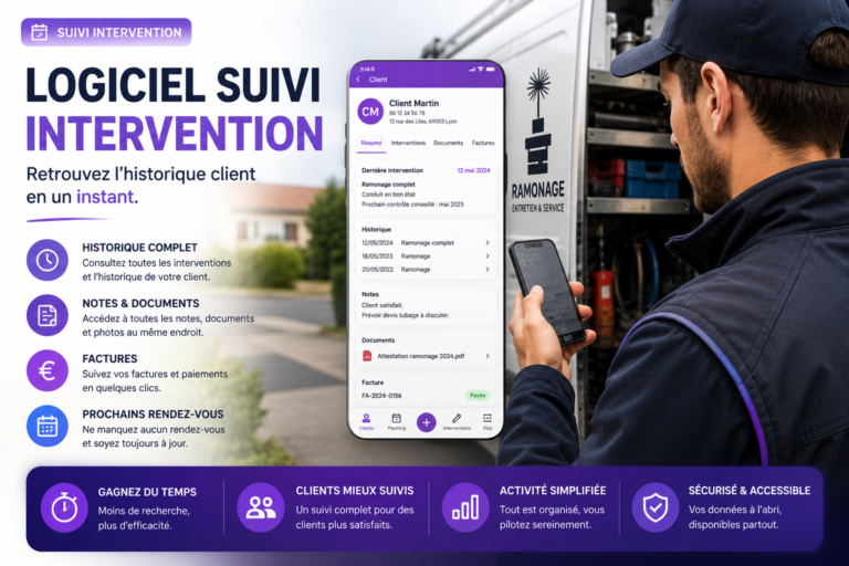 Logiciel suivi intervention permettant de retrouver l’historique client sur smartphone