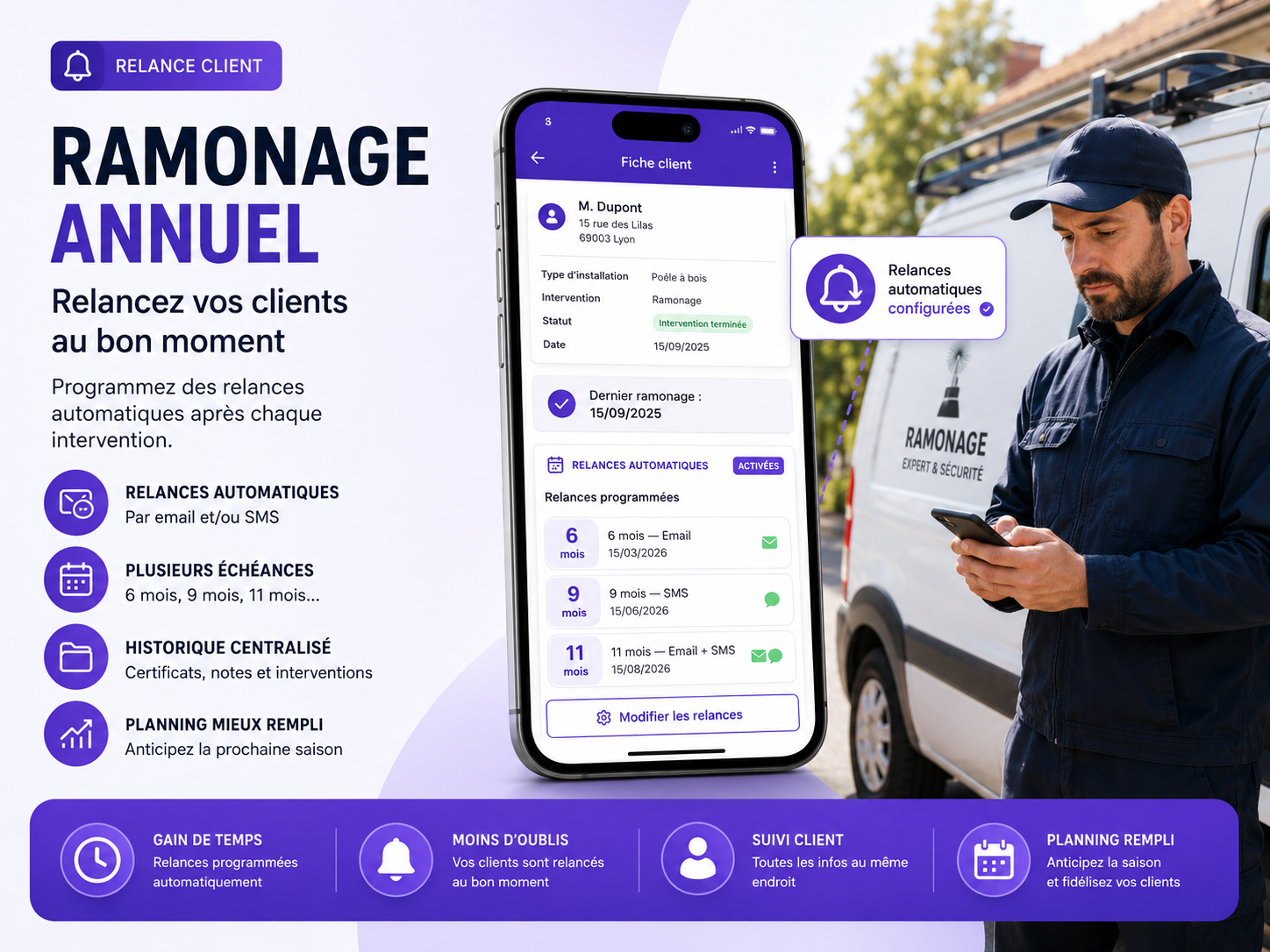 Relance automatique de ramonage annuel dans MyTour avec rappels email et SMS programmés depuis la fiche client.