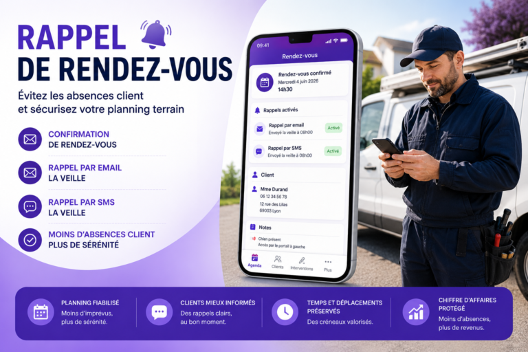 Rappel de rendez-vous avec confirmation, rappel par email et SMS pour éviter les absences client et sécuriser le planning d’un professionnel terrain.