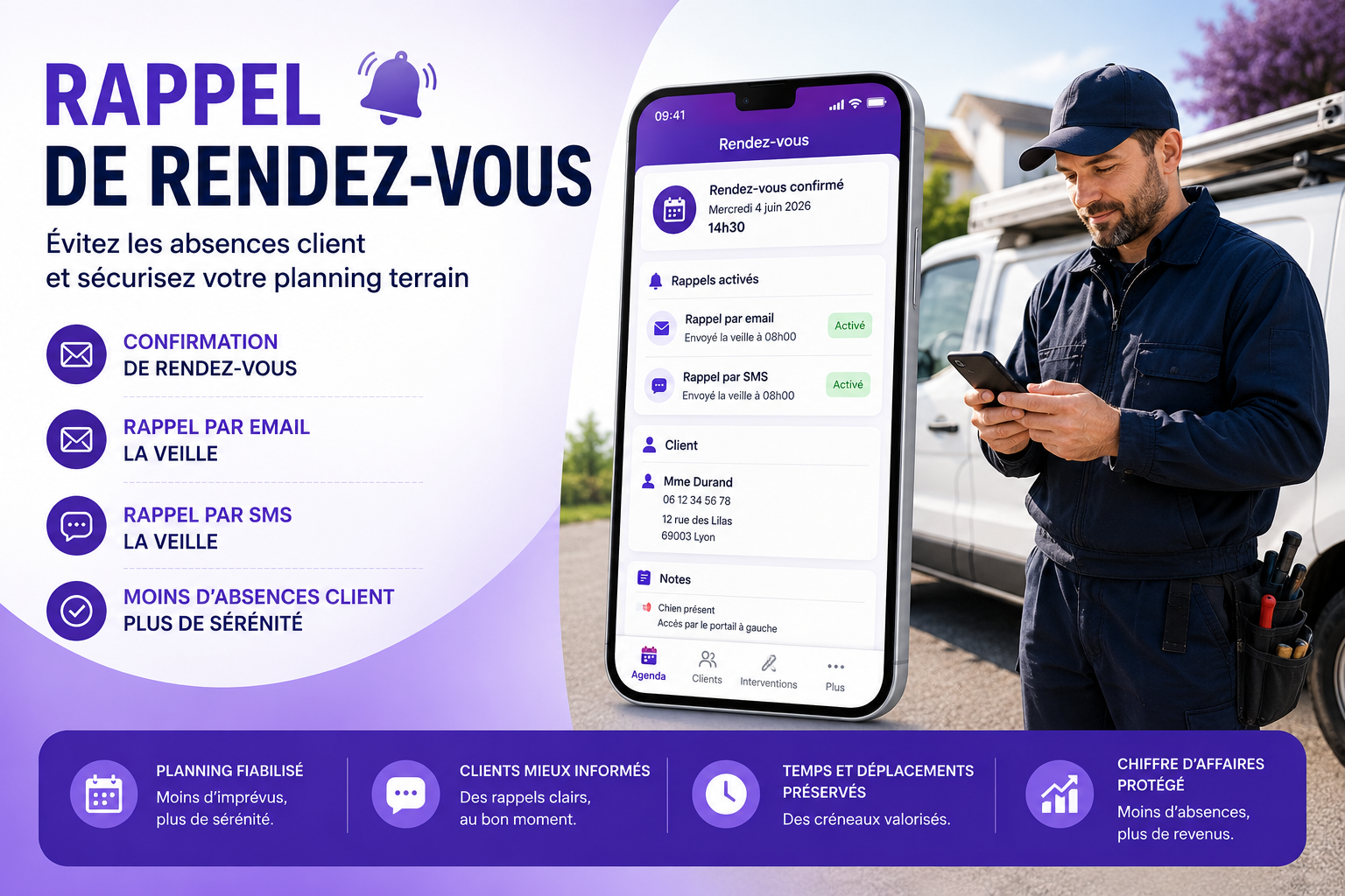Rappel de rendez-vous avec confirmation, rappel par email et SMS pour éviter les absences client et sécuriser le planning d’un professionnel terrain.