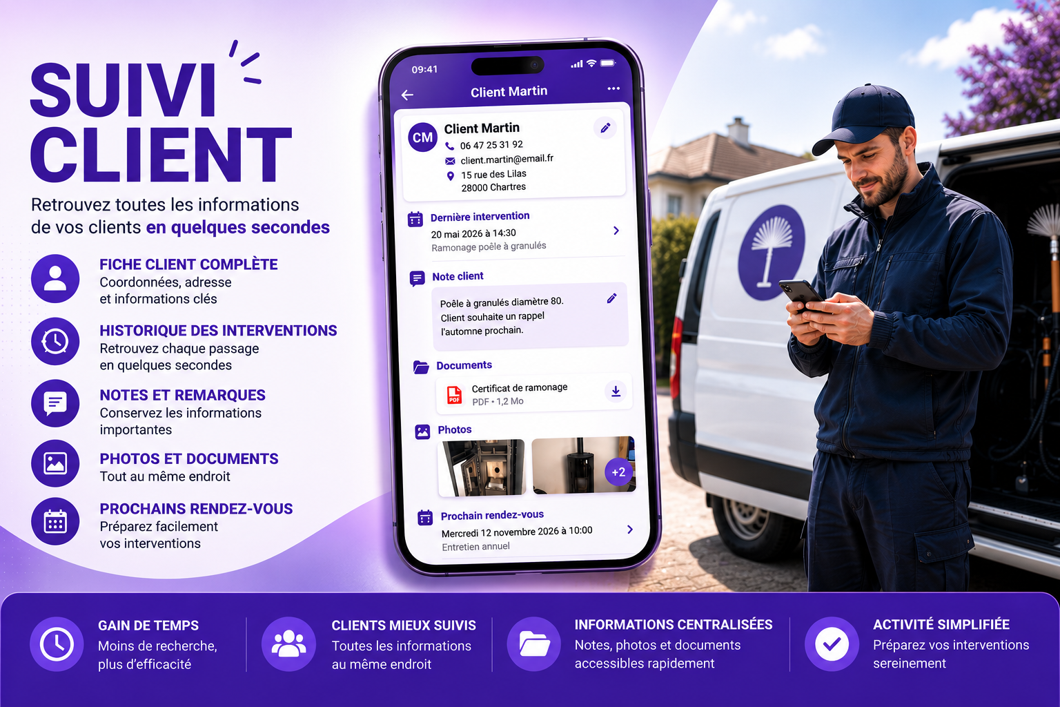 Suivi client dans un logiciel de gestion d'interventions avec fiche client, historique, notes, photos et documents centralisés.
