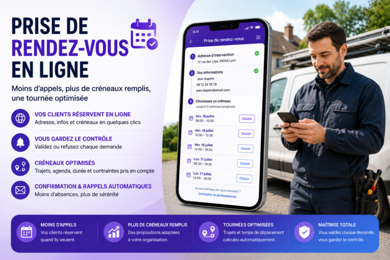 Prise de rendez-vous en ligne avec proposition de créneaux optimisés selon l’adresse du client, l’agenda MyTour et les trajets du professionnel terrain.