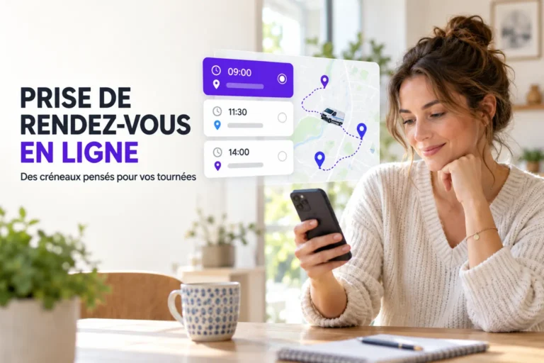 Prise de rendez-vous en ligne avec proposition de créneaux optimisés selon l’adresse du client, l’agenda MyTour et les trajets du professionnel terrain.