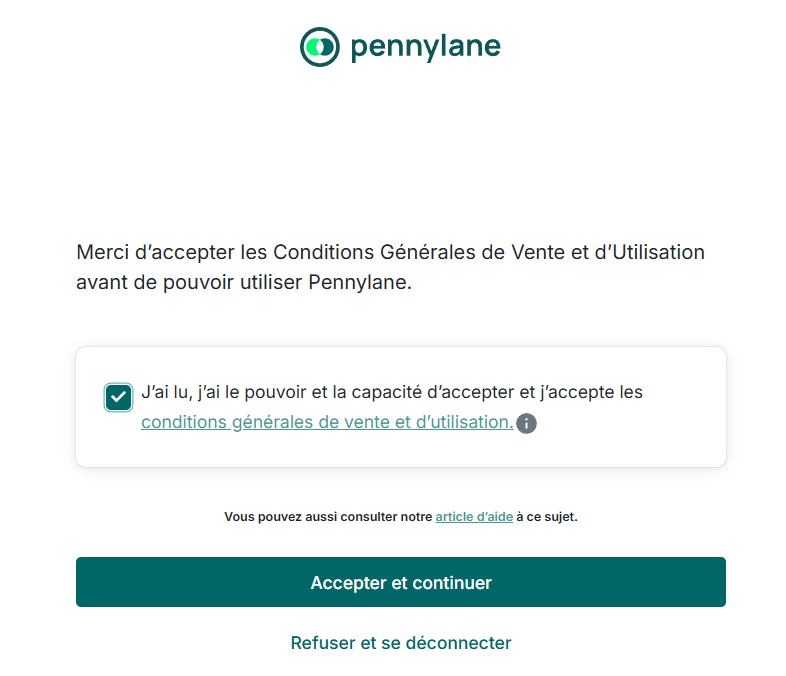 Écran d’acceptation des conditions générales de vente et d’utilisation de Pennylane