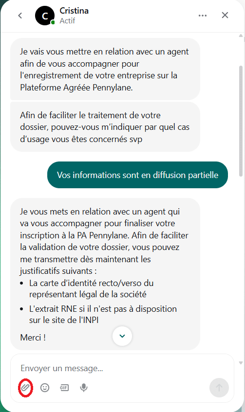Chat Pennylane permettant d’ajouter la pièce d’identité et l’extrait RNE