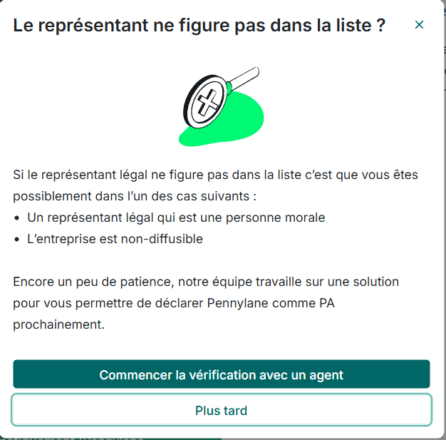 Fenêtre Pennylane permettant de commencer la vérification avec un agent