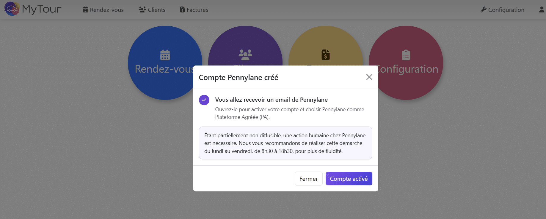 Confirmation de création du compte Pennylane dans MyTour