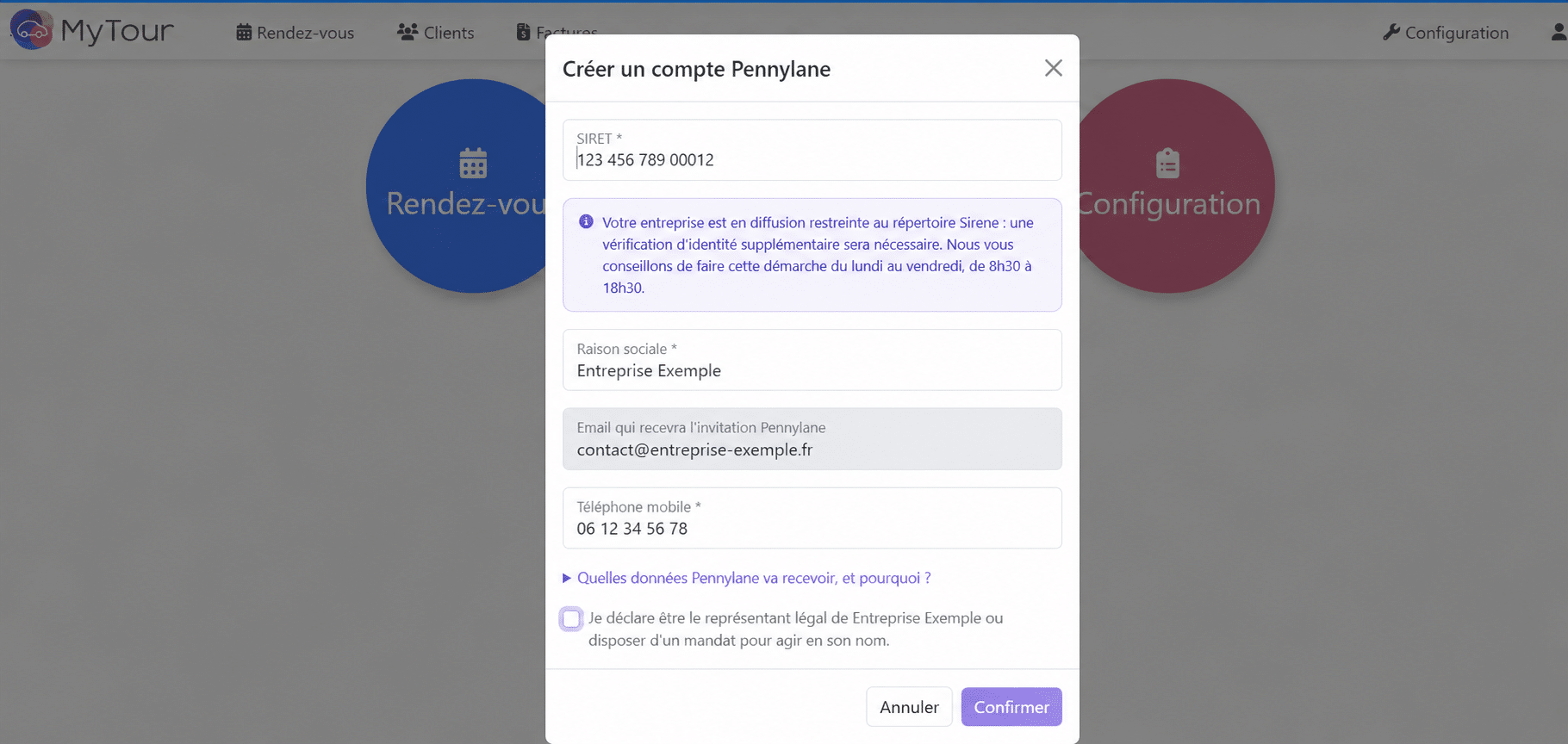Formulaire anonymisé de création d’un compte Pennylane dans MyTour
