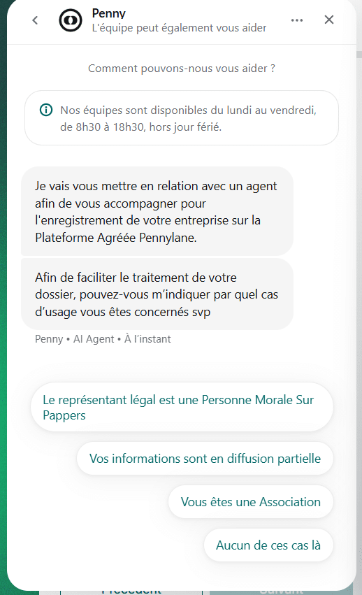 Chat Pennylane proposant le motif informations en diffusion partielle