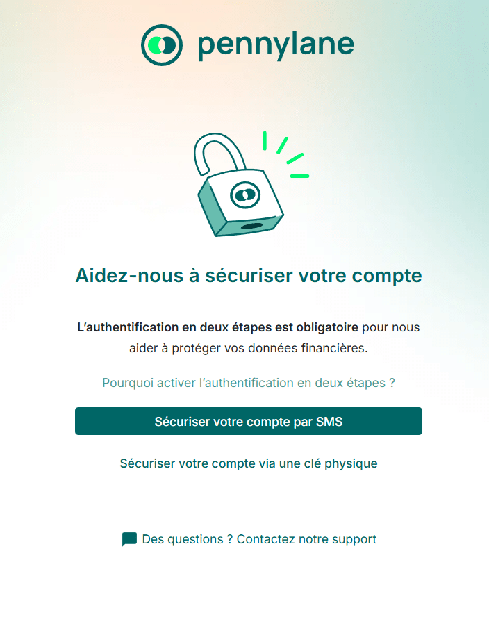Écran Pennylane demandant d’activer l’authentification en deux étapes par SMS
