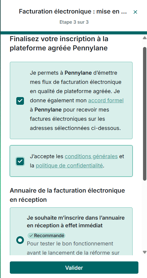 Écran Pennylane permettant de finaliser l’inscription à la plateforme agréée