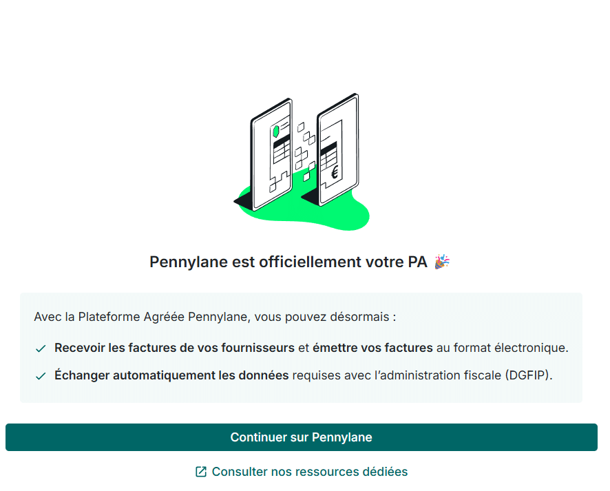 Écran confirmant que Pennylane est officiellement la plateforme agréée de l’entreprise