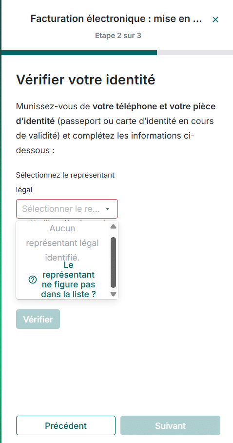 Option Pennylane à sélectionner lorsque le représentant légal ne figure pas dans la liste