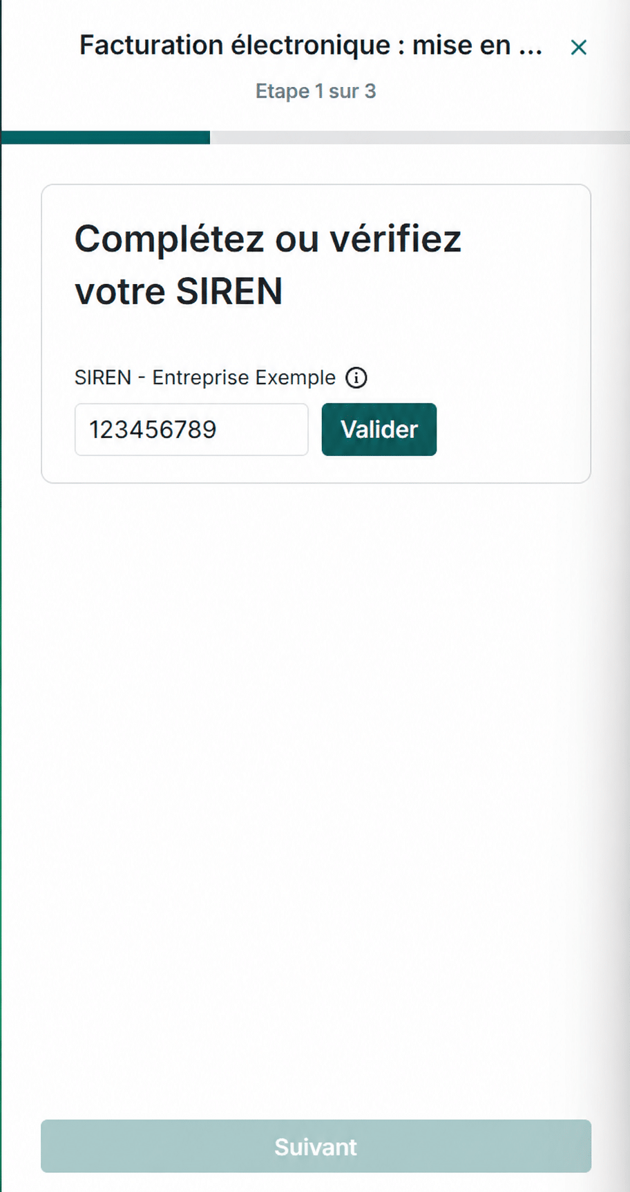 Écran Pennylane anonymisé permettant de vérifier le numéro SIREN de l’entreprise