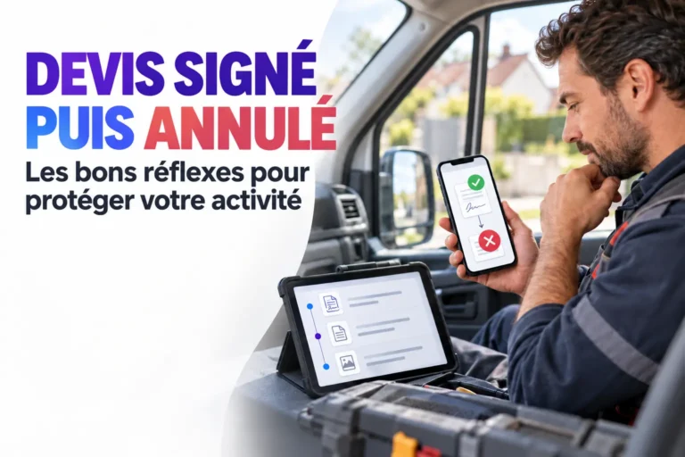 Professionnel consultant un devis signé puis annulé par son client sur son téléphone