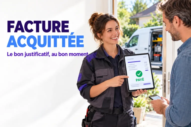 Facture acquittée affichée sur le téléphone d’un professionnel après le paiement d’un client