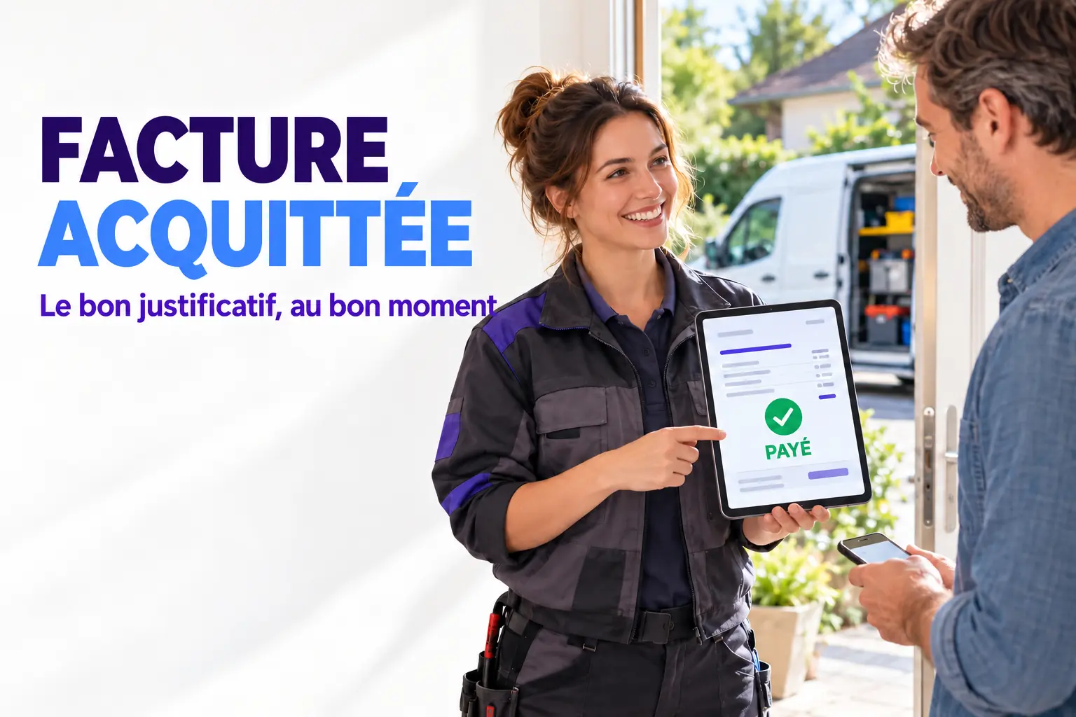 Facture acquittée affichée sur le téléphone d’un professionnel après le paiement d’un client